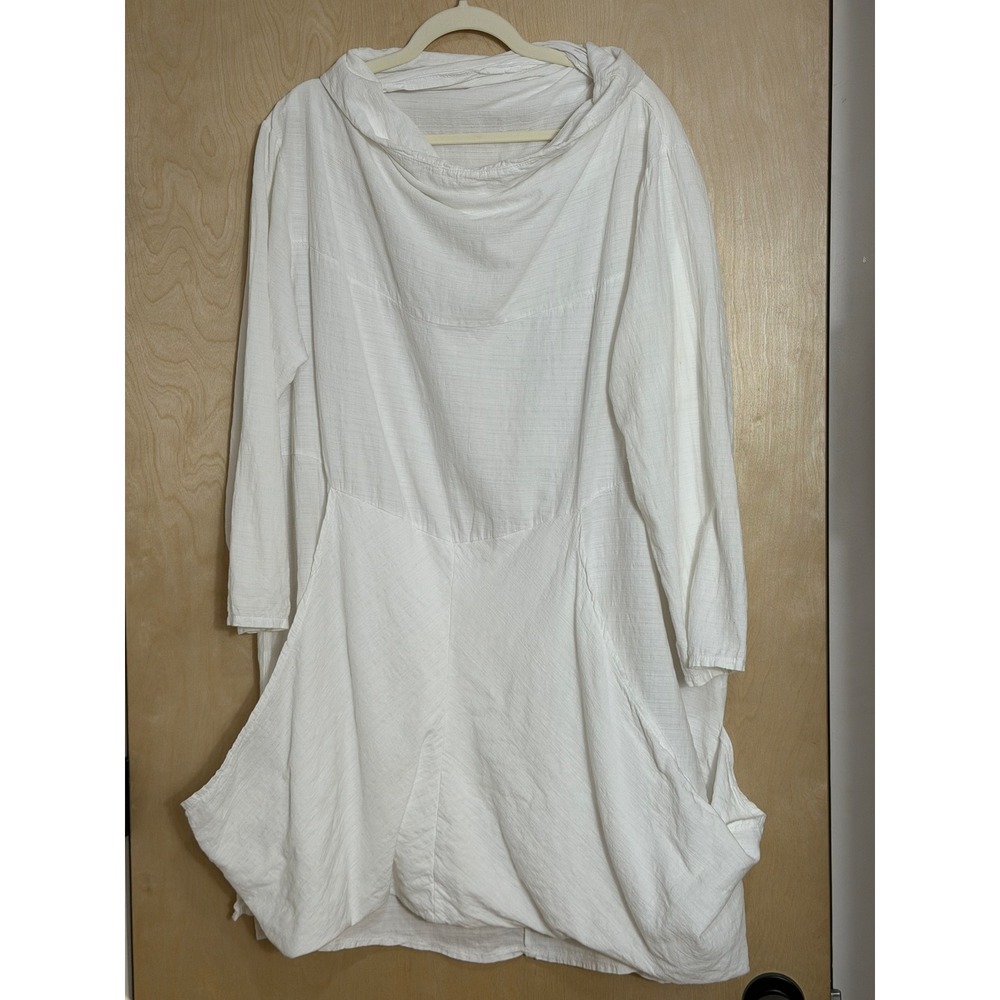 Vasna Italy White Cotton Gauze Tunic Dress Cowl Neck Oversized Pockets XL